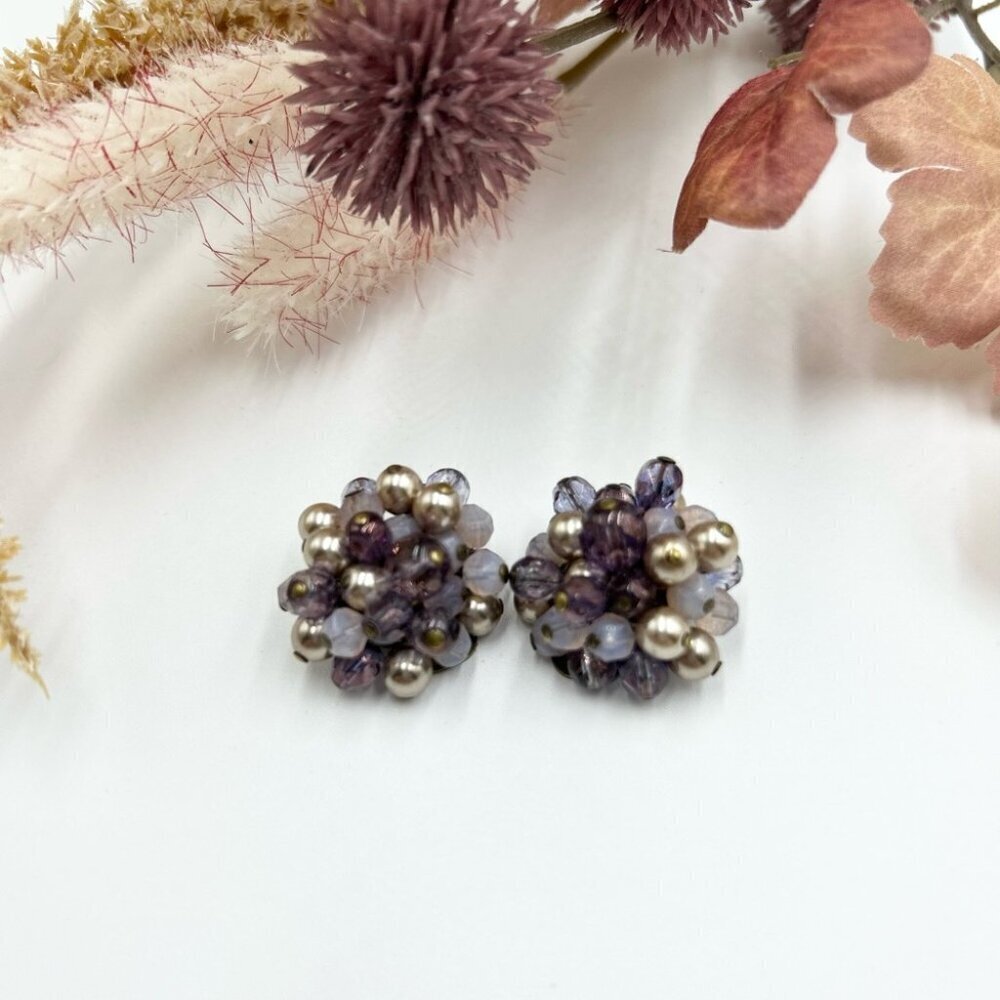 Vintage Faux Pearl Beaded Cluster Clip on Earrings